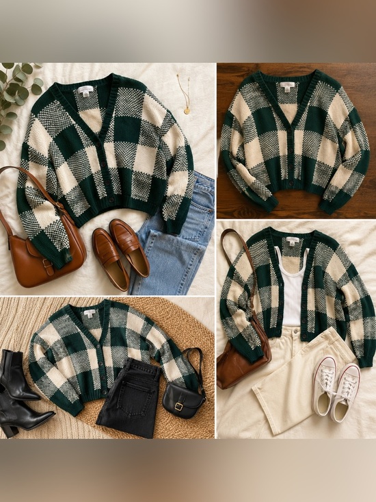 Sweaters - Vintage Y2K Jones New York Hand Knit Checkerboard Cotton Cardigan M